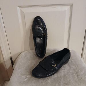 Vintage 90s Vito Rufolo black leather dress shoes fringe gold-tone buckle 10.5